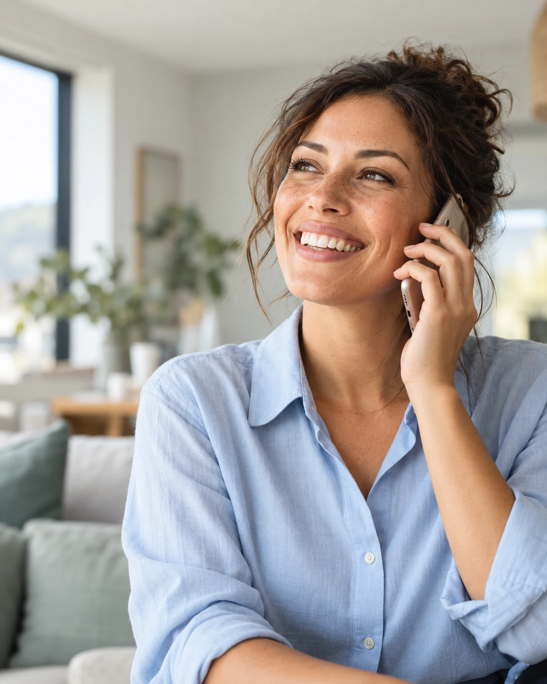 Illustrative professional speaking on a phone in a bright home