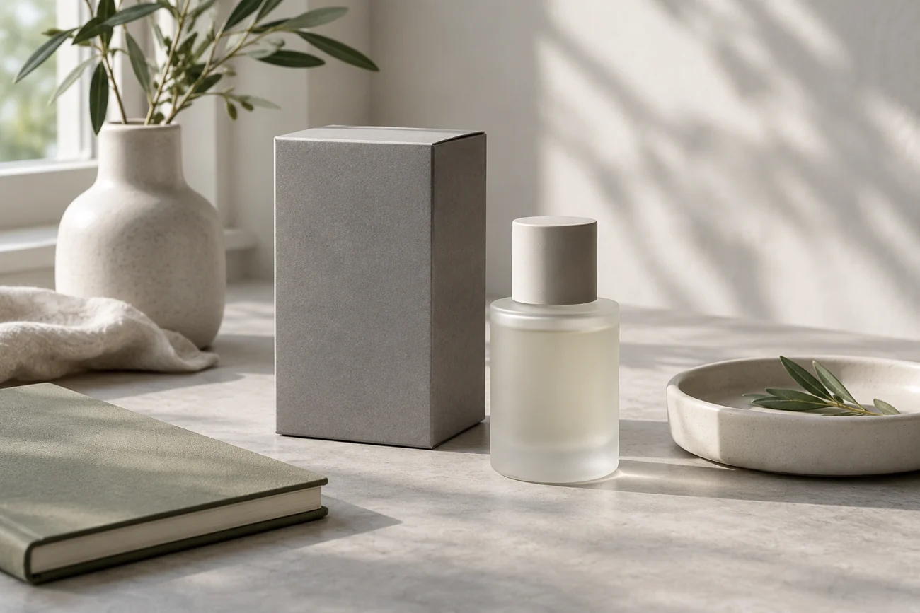 Illustrative unbranded product packaging and samples in a daylight studio